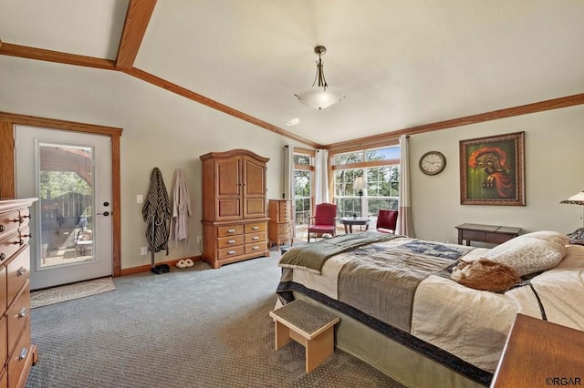 bedroom featuring vaulted ceiling, access to exterior, and dark carpet