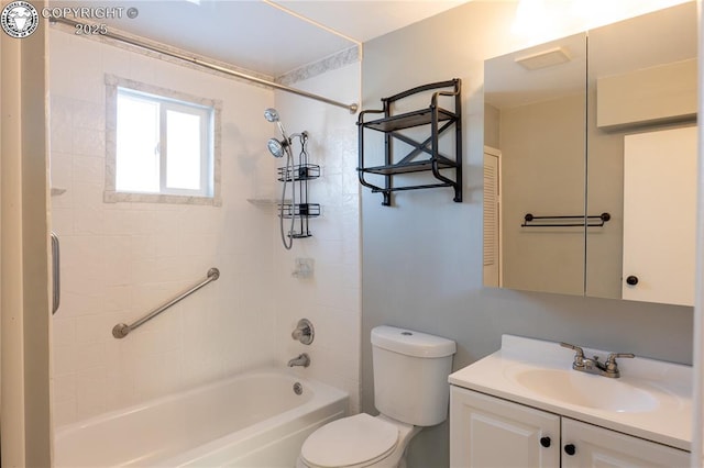 full bathroom featuring vanity, bathing tub / shower combination, and toilet