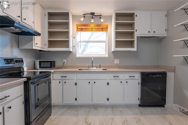 kitchen featuring stainless steel range with electric stovetop, sink, white cabinetry, and dishwasher