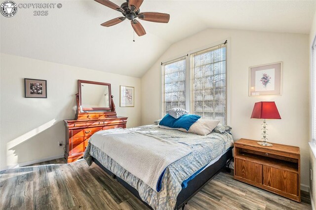 bedroom featuring hardwood / wood-style flooring, vaulted ceiling, and ceiling fan