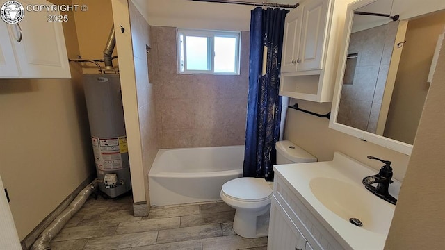 305 Meadowlark Cir, Florence, CO 81226 - bathroom with water heater, toilet, vanity, and shower / bath combination with curtain