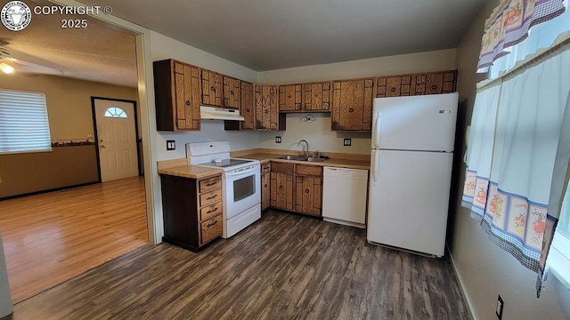 305 Meadowlark Cir, Florence, CO 81226 - kitchen with white appliances, under cabinet range hood, a sink, and dark wood-type flooring