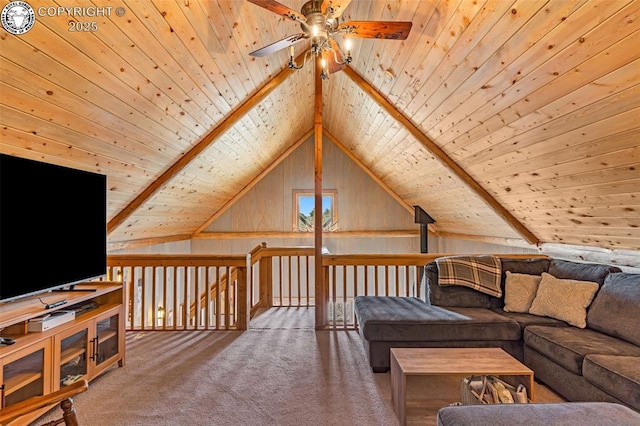 carpeted living room featuring lofted ceiling, a ceiling fan, and wooden ceiling