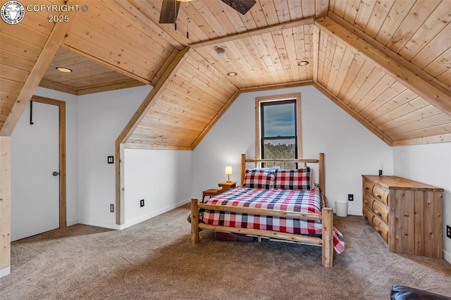 carpeted bedroom with wood ceiling and vaulted ceiling