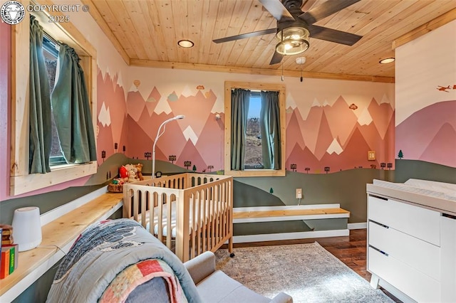 bedroom featuring recessed lighting, baseboards, wood finished floors, and wooden ceiling