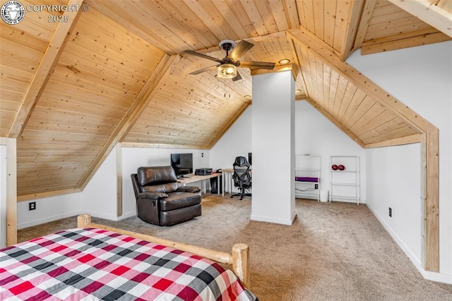 carpeted bedroom featuring lofted ceiling with beams, baseboards, and wood ceiling