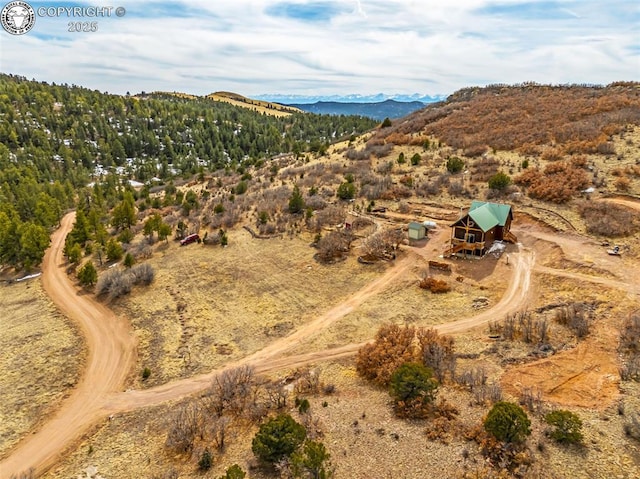 bird's eye view with a mountain view and a view of trees