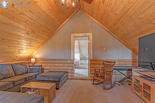 interior space with carpet floors, wood ceiling, and vaulted ceiling