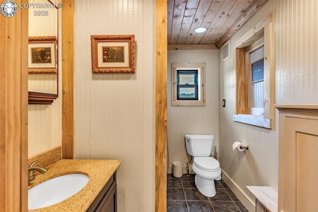 half bath with toilet, wooden ceiling, vanity, and tile patterned flooring