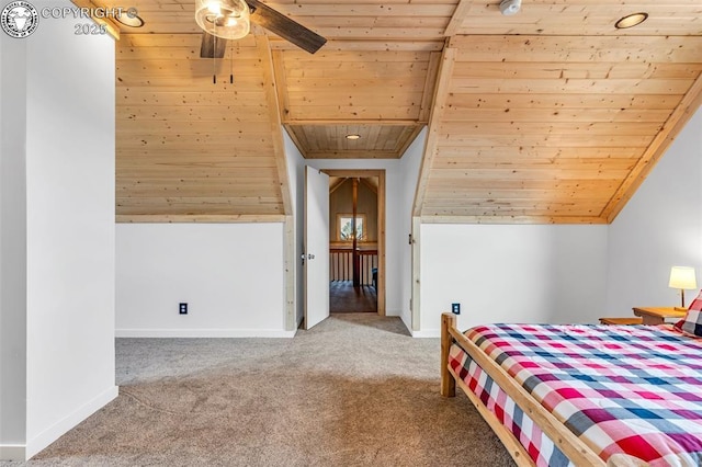 bedroom featuring baseboards, carpet, wooden ceiling, and vaulted ceiling