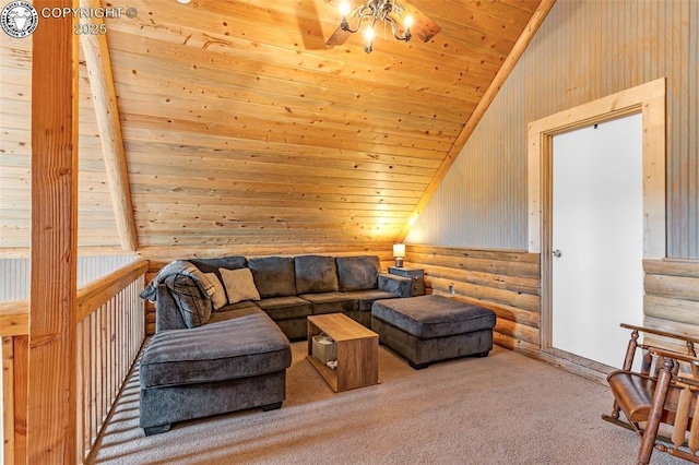 carpeted living room with rustic walls, wooden ceiling, and vaulted ceiling