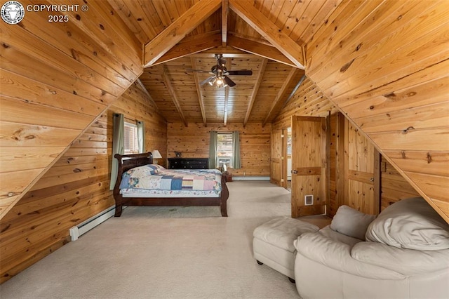 bedroom with wood ceiling, lofted ceiling with beams, carpet flooring, wooden walls, and a baseboard heating unit