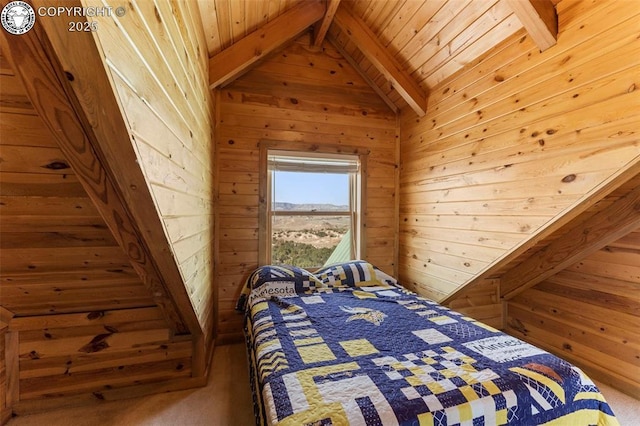 carpeted bedroom featuring vaulted ceiling with beams, wood ceiling, and wooden walls