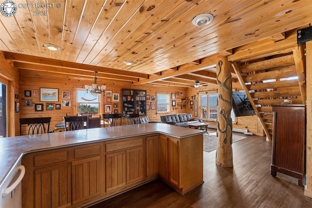 kitchen with decorative light fixtures, dark wood-type flooring, kitchen peninsula, and wood walls