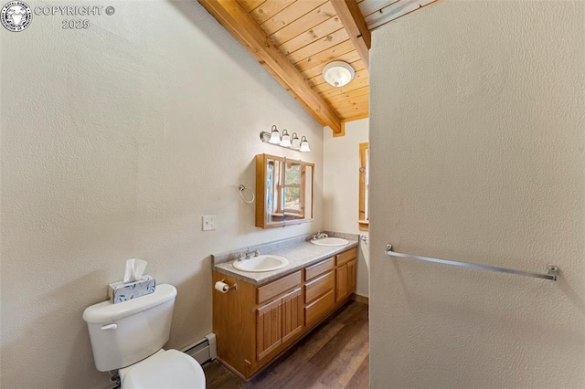 bathroom with vanity, wood-type flooring, a baseboard radiator, wooden ceiling, and toilet