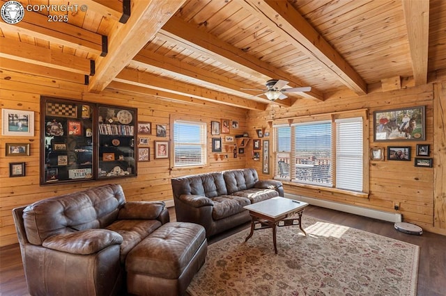 living room featuring dark hardwood / wood-style flooring, beam ceiling, and a wealth of natural light