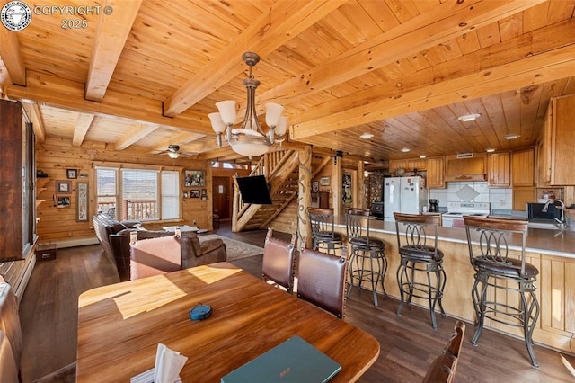 dining room with dark wood-type flooring, sink, and wooden ceiling