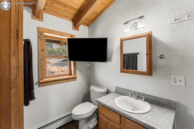 bathroom featuring toilet, lofted ceiling with beams, wooden ceiling, a baseboard radiator, and vanity