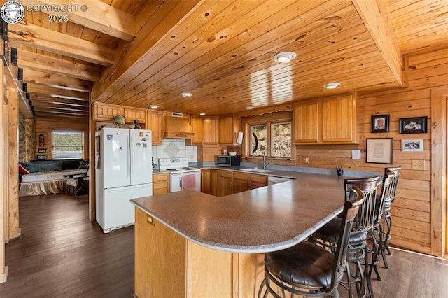 kitchen with white appliances, premium range hood, wooden walls, dark hardwood / wood-style floors, and wooden ceiling