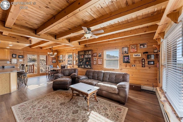 living room with dark hardwood / wood-style flooring, beam ceiling, wooden walls, and wooden ceiling