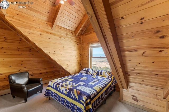 carpeted bedroom with vaulted ceiling with beams, wood ceiling, and wooden walls