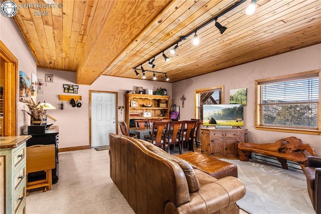 living room featuring wood ceiling