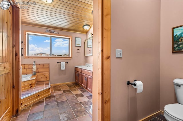 bathroom featuring vanity, wooden ceiling, and toilet