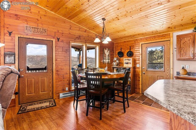 dining space featuring hardwood / wood-style floors, a notable chandelier, vaulted ceiling, wooden ceiling, and wood walls