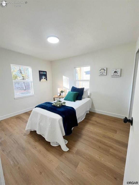 bedroom featuring light wood finished floors, multiple windows, and baseboards