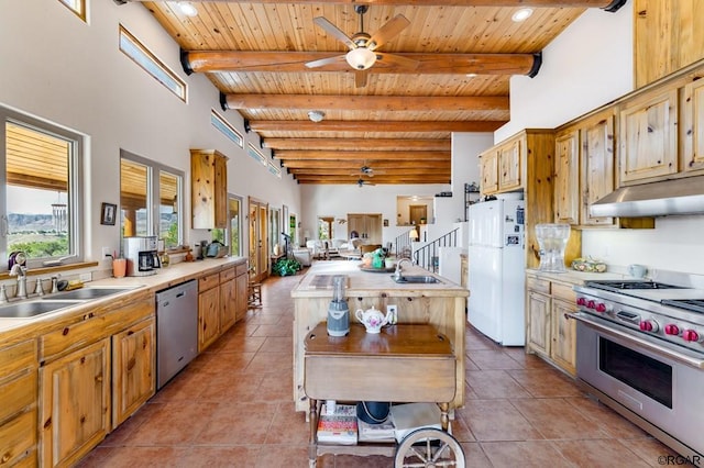 kitchen with stainless steel appliances, wood ceiling, and beamed ceiling