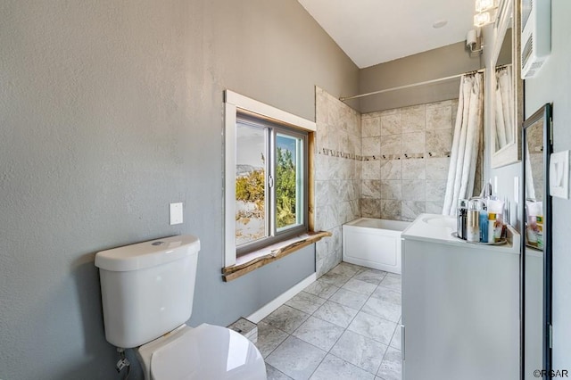 bathroom with shower / bath combination with curtain and toilet