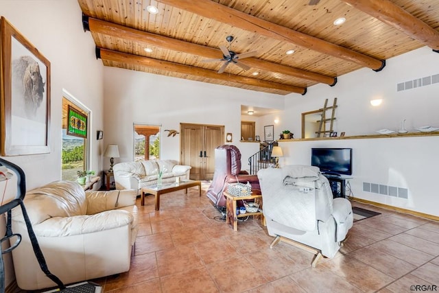 living room featuring beam ceiling, ceiling fan, and wood ceiling