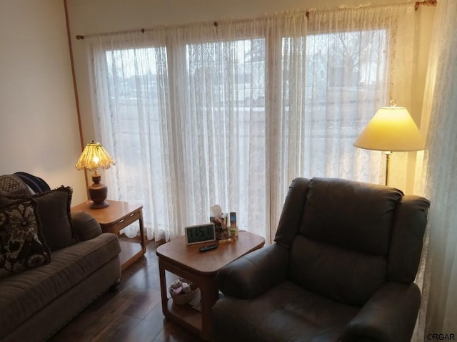 sitting room featuring dark wood-type flooring and a healthy amount of sunlight