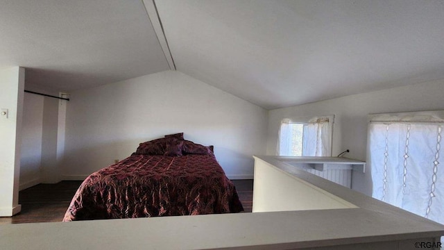 bedroom with lofted ceiling and dark hardwood / wood-style flooring