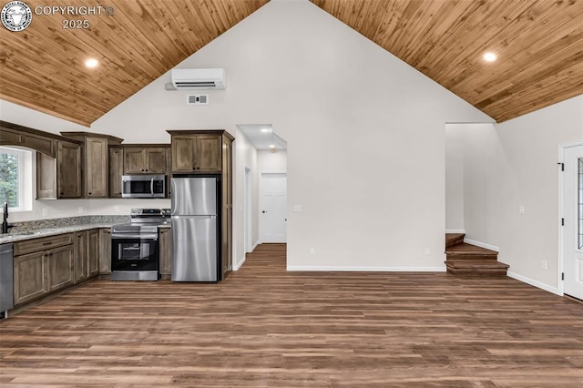 kitchen featuring wood ceiling, dark wood-style flooring, appliances with stainless steel finishes, and a sink