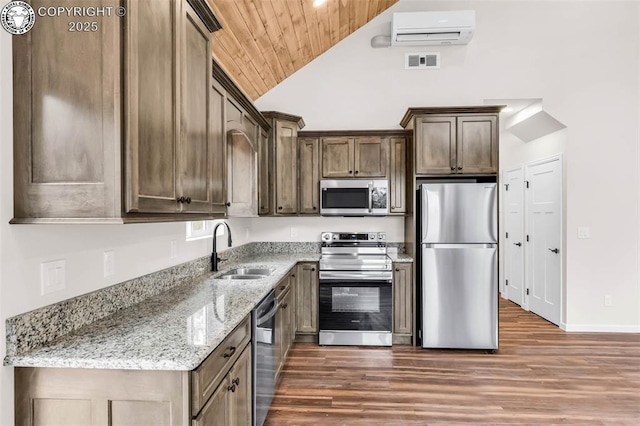 kitchen with a sink, visible vents, dark wood-type flooring, and appliances with stainless steel finishes