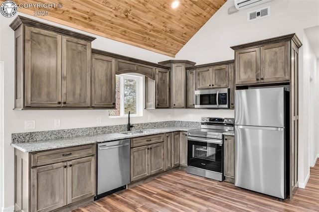 kitchen with wood finished floors, visible vents, a sink, stainless steel appliances, and vaulted ceiling