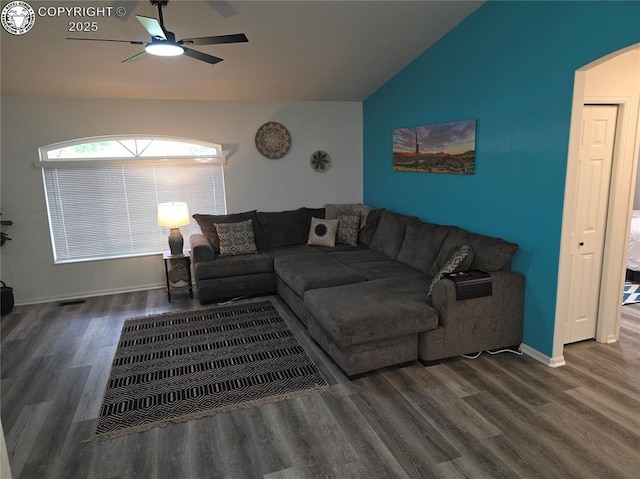 2823 River Run Ct, Canon City, CO 81212 - living area with a ceiling fan, wood finished floors, vaulted ceiling, and arched walkways