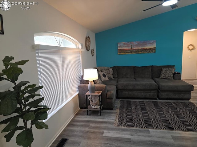 2823 River Run Ct, Canon City, CO 81212 - living area featuring lofted ceiling, wood finished floors, and ceiling fan