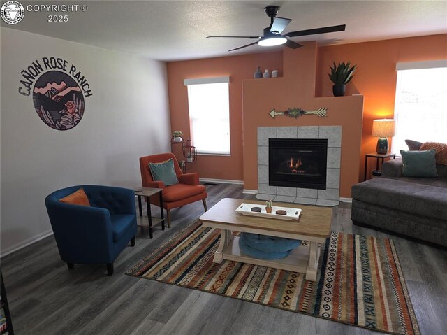 2823 River Run Ct, Canon City, CO 81212 - living area with wood finished floors, a fireplace, and ceiling fan