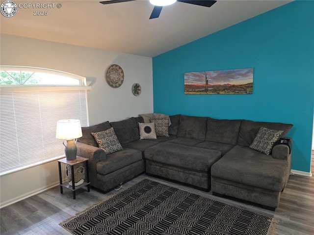 2823 River Run Ct, Canon City, CO 81212 - living area featuring wood finished floors, ceiling fan, and vaulted ceiling