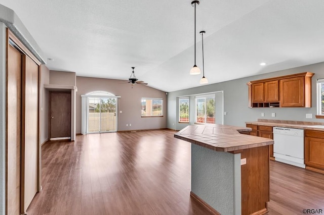 kitchen with white dishwasher, pendant lighting, tile counters, and plenty of natural light