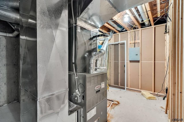 utility room with electric panel and heating unit