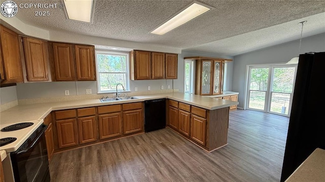 1157 County Road 119, Florence, CO 81226 - kitchen featuring black appliances, a sink, a peninsula, brown cabinets, and a textured ceiling