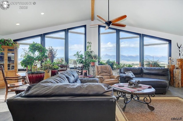136 Arapahoe Cir, Westcliffe, CO 81252 - living area with wood finished floors, a ceiling fan, and recessed lighting