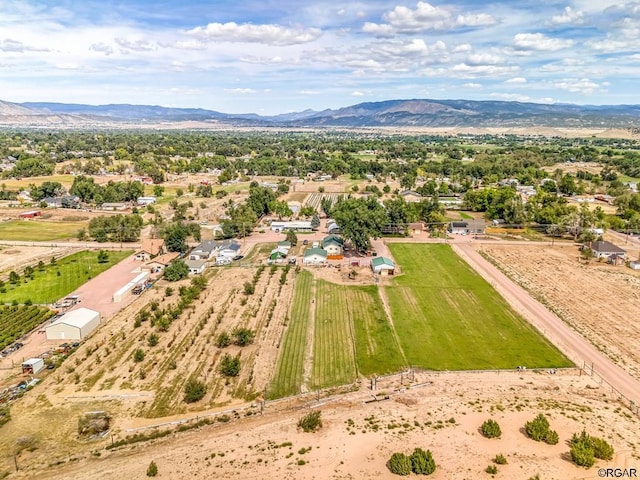 drone / aerial view featuring a rural view and a mountain view