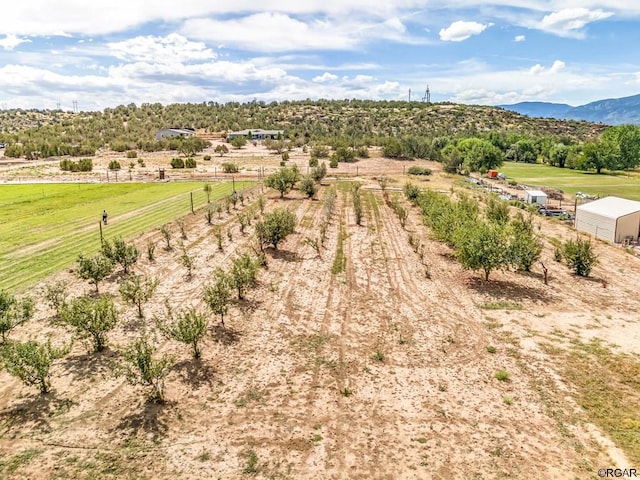 drone / aerial view featuring a mountain view and a rural view