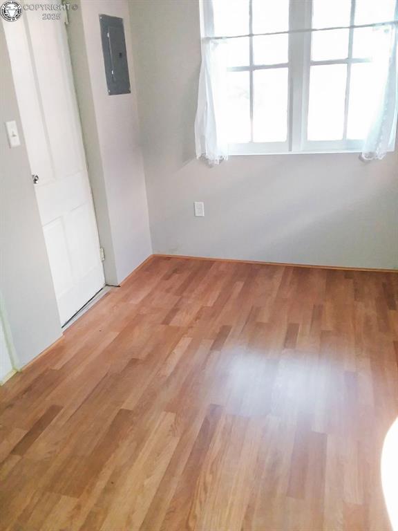 empty room featuring electric panel and light hardwood / wood-style flooring