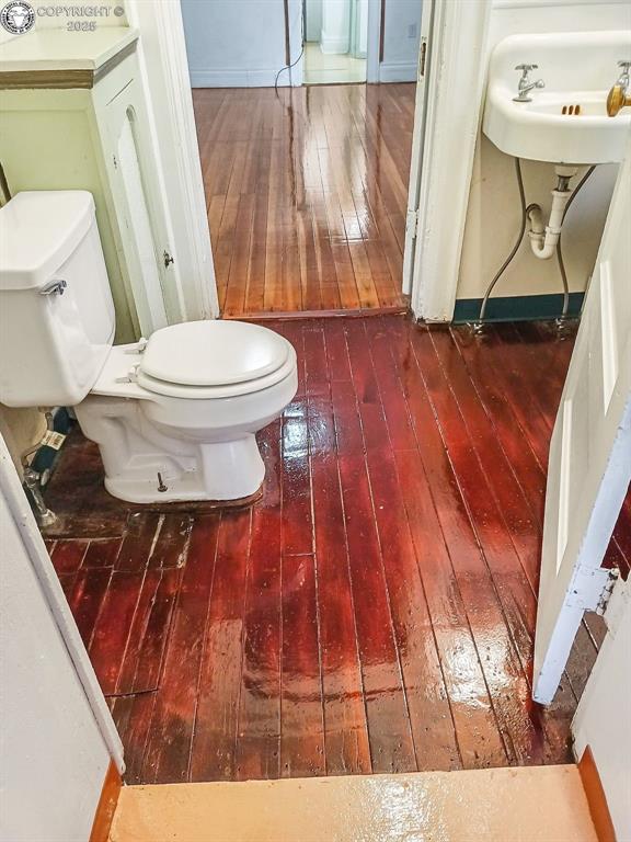 bathroom with hardwood / wood-style flooring, sink, and toilet