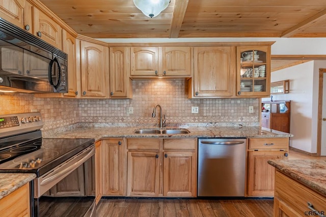 kitchen with sink, wood ceiling, and appliances with stainless steel finishes